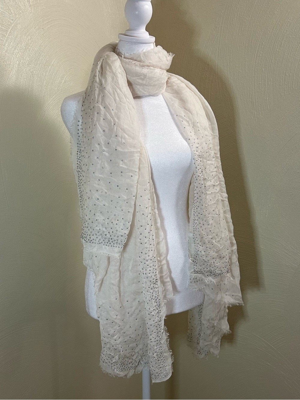 ZAZZI Ivory Modal Cashmere Studded Scarf Handcrafted Made in Italy